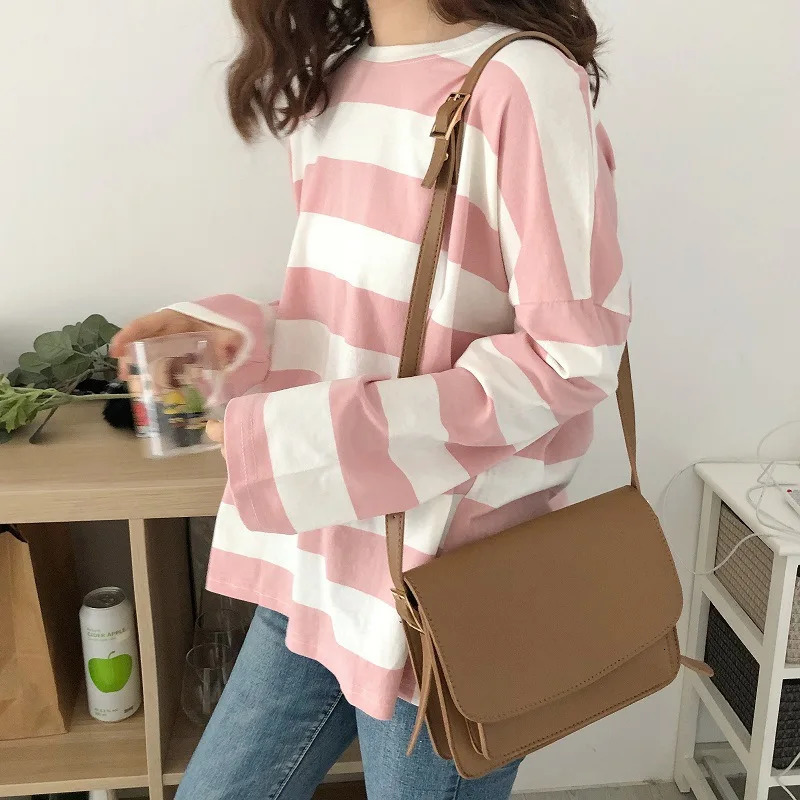 Woman Tshirts Tops Vintage wide stripe LongSleeved o neck Tshirt Womens Striped Loose Allmatch tshirt WBXT994 241011