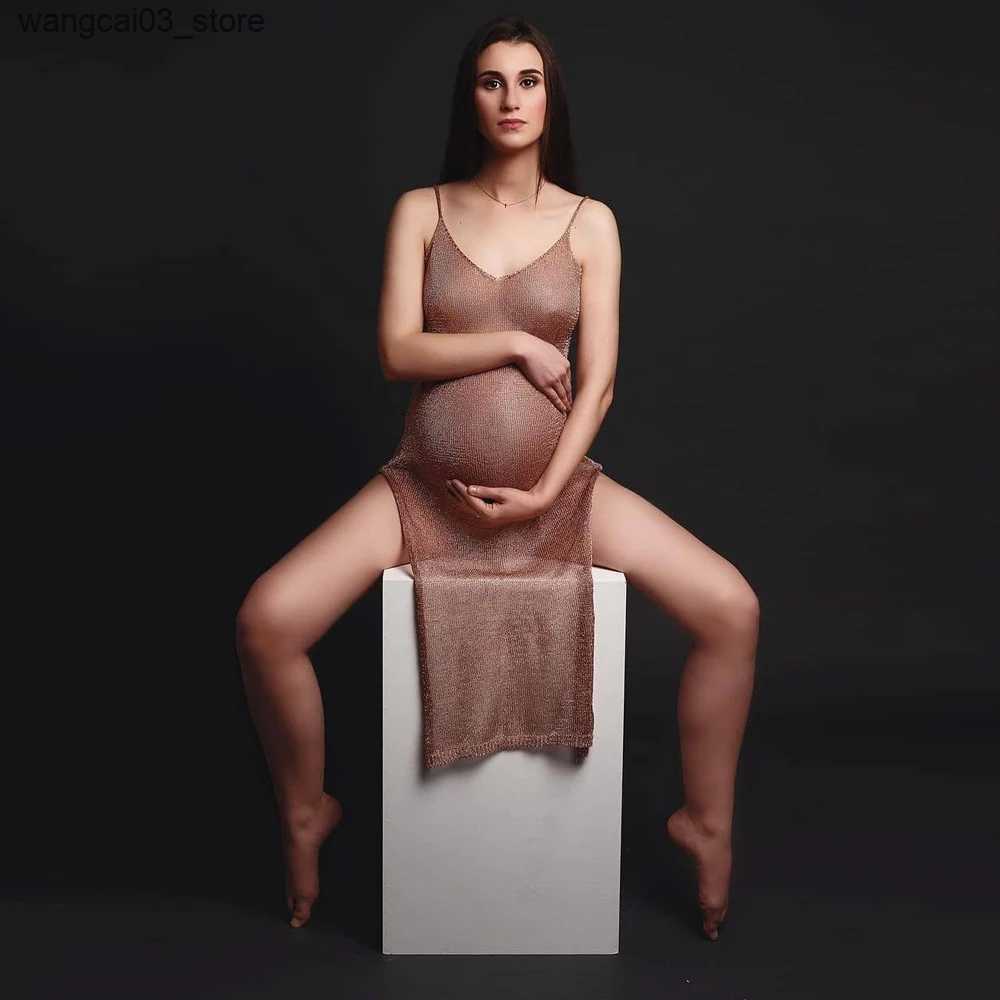 Maternity Dresses Maternity Photography Props Dress V-neck Sling Champagne Knitted Mesh Maternity Dress Photo Shoot Photography Dress For Women L24091