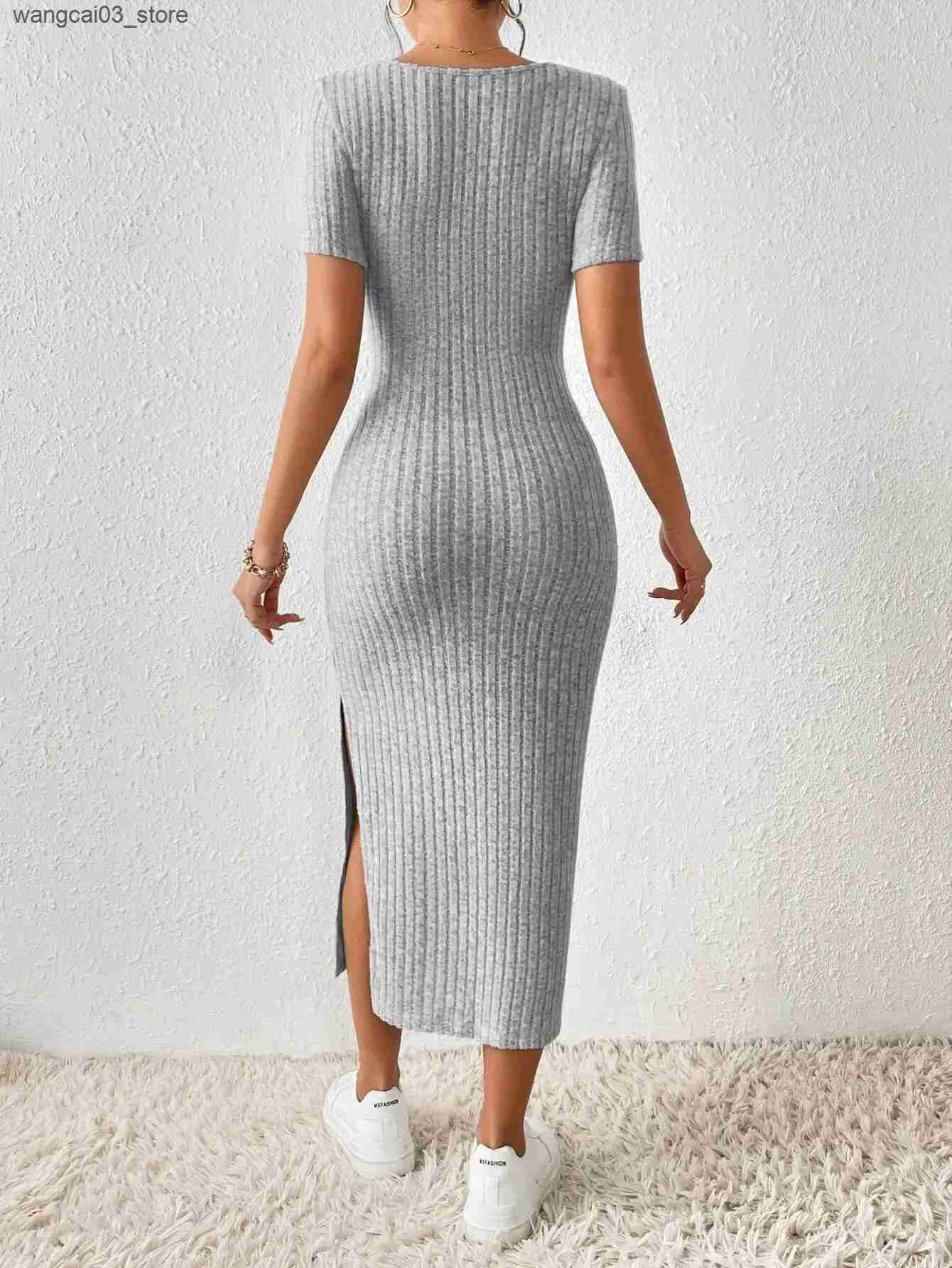 Maternity Dresses French Square Neck Ribbed Knit Short-sleeved Dress With Side Slits L240910