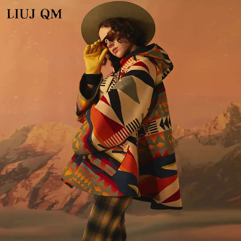13 color womens wool coat printed hooded wool coat womens long sleeved loose fit coat womens coat and jacket winter autumn 241007