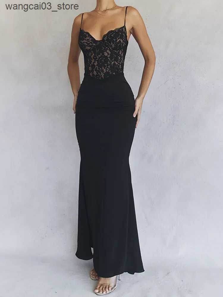 Maternity Dresses Elegant Lace Spaghetti Strap Bodycon Sexy Maxi Dress for Women Black Sleeveless Backless Club Party Sexy Long Dress L240910