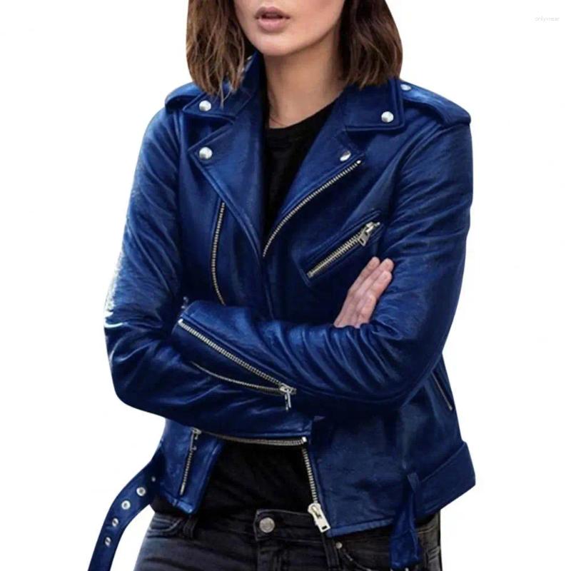 Women's Leather Simple Long Sleeve Zipper Coat With Belt Autumn Winter Women Jacket Turndown Collar For Outdoor