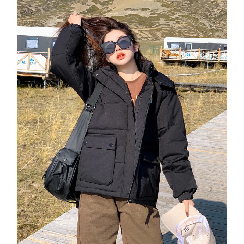 Black down jacket womens coat white hooded fashion American streetwear Y2K style duck down jacket womens winter short jacket 241009