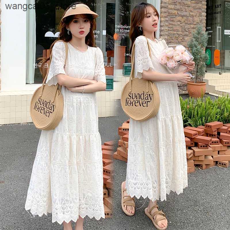 Maternity Dresses 2024 Pregnant Woman Lace Dress Summer Short Sleeve O-Neck Hollow Out Maternity Cotton Dress Sweet Long Loose Princess Clothes L24091