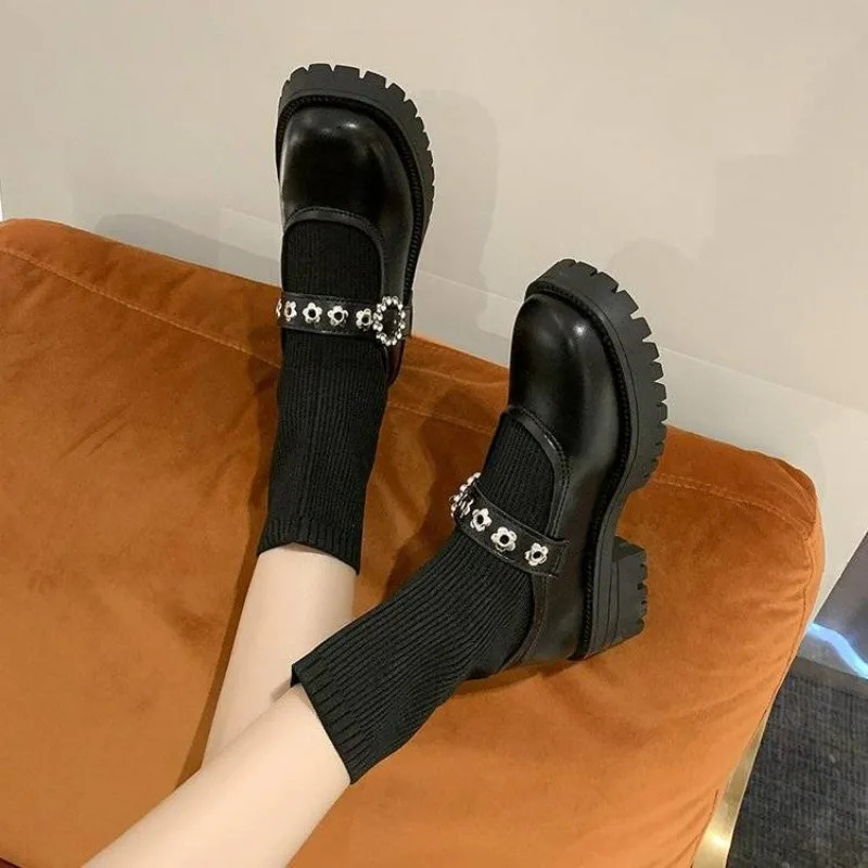 Shoes Kawaii Womens Socks Short Boots Elastic Boots Mary Janes Cute Womens Ankle Boots Lolita Winter Collection Y2k Pu 241007