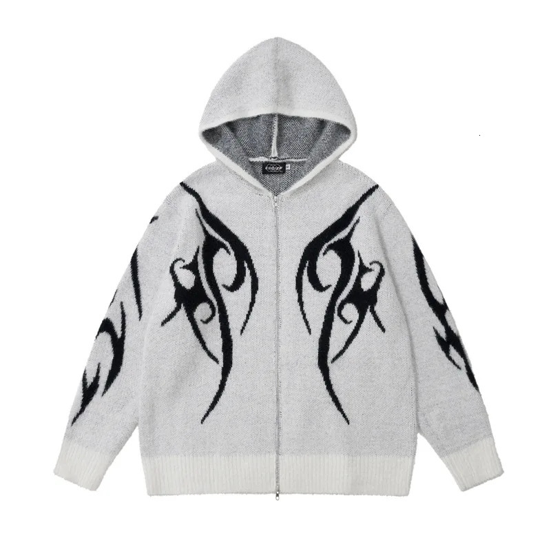 Mens retro knitted Y2K graphic sweater with winter zipper oversized cardigan unisex fashion 2000s youth clothing 241007