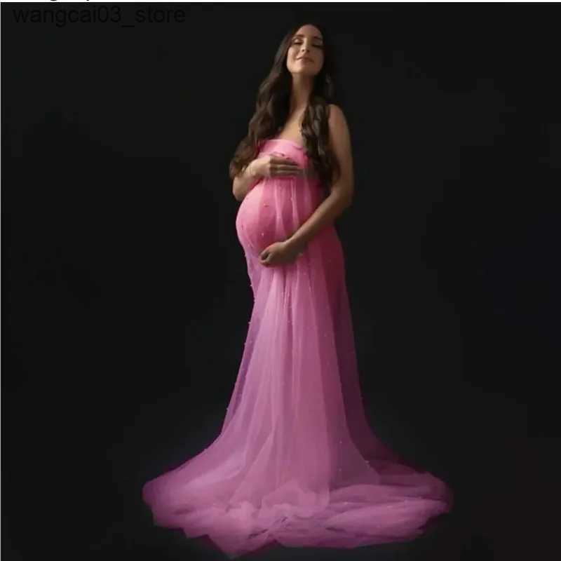 Maternity Dresses Sexy Beading Maternity Wrap Dresses For Photo Session Tulle Pregnancy Shoot Strapless Dress Long Pregnant Women Photography Gown L24
