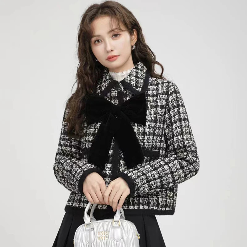 Vintage bow tweed jacket womens autumn Korean elegant single chest lapel jacket Y2K womens winter thick warm crop jacket 240930