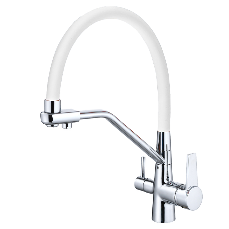 Kitchen faucet brass faucet hot and cold water faucet pure water faucet any retractable double handle faucet white tube