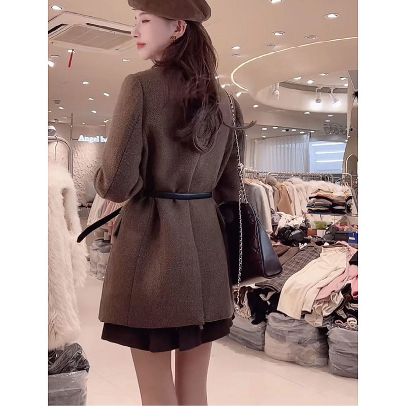 Comes With Belt A Vintage Wool Jacket For Women Autumn And Winter 2024 New Double-Breasted Temperament Female Long Sleeve Blazer