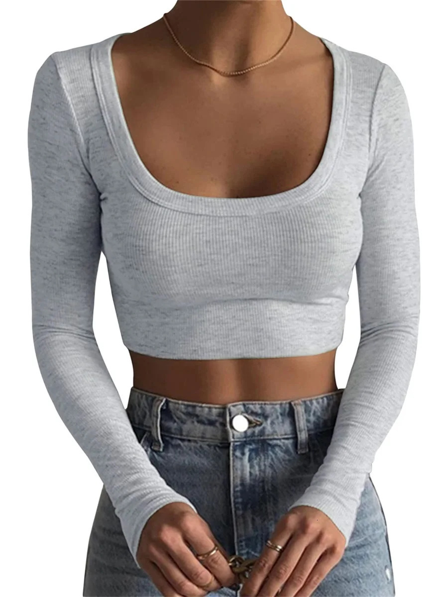O Neck Ribbed Knitted Long Sleeve Shirts Women Sexy Cropped Tops y2k Casual Skinny Slim Basic Tshirts Tee Black White 241011