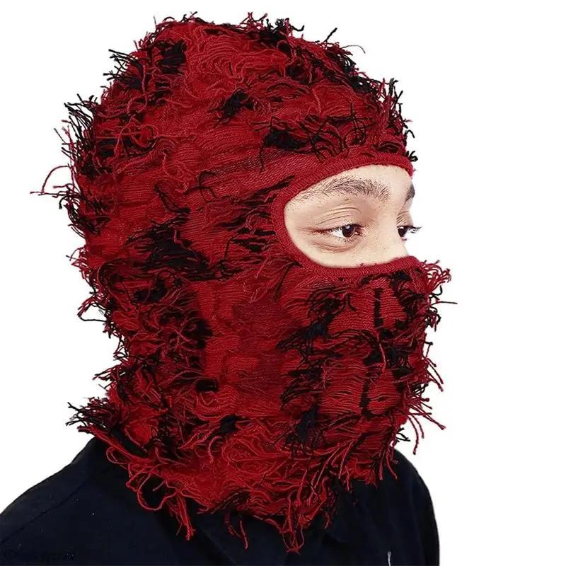 Hip Hop Balaclava Distressed Knitted Hat Full Face Ski Mask Mens Outdoor Camouflage Wool Beanies 241009