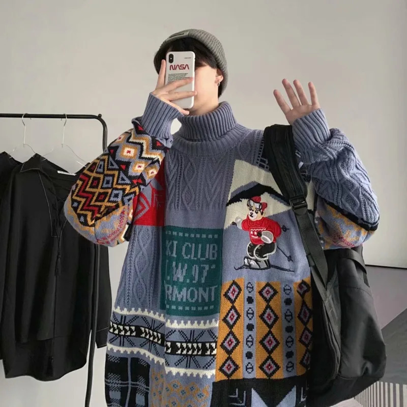 Winter Men Turtleneck Sweaters Christmas ski bear Knitted Pullovers Casual Sweaters Male Knitwear Hip Hop Pullovers 241009