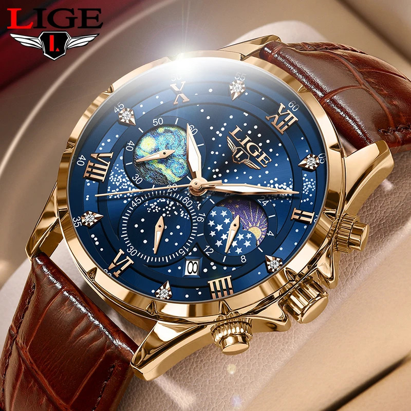 LIGE Mens Watch Casual Sports Watch Mens Waterproof Date Watch Luminous Timing Watch Mens Quartz Leather Watch 241009
