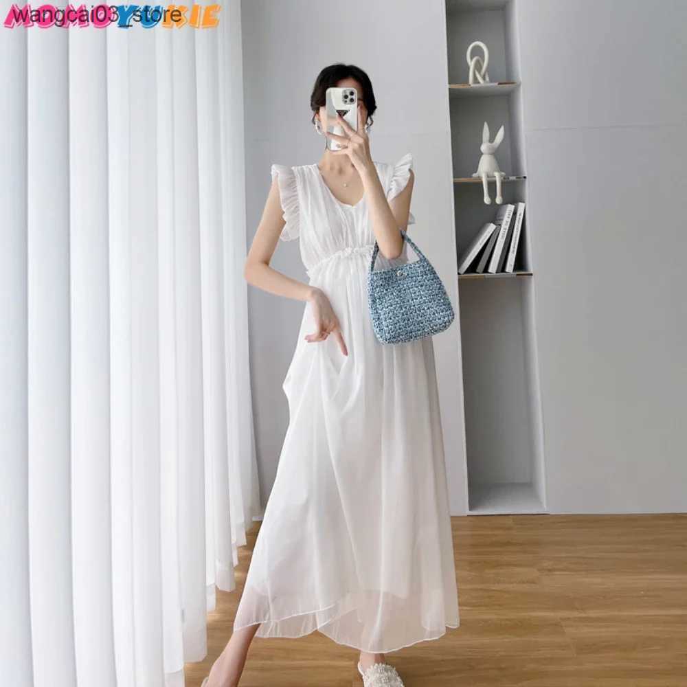 Maternity Dresses Summer Party Dresses Maternity Fairy Dress Petal Sleeve High Waist V-neck Pregnant Women Dress Sleeveless Princess Chiffon Dress L24