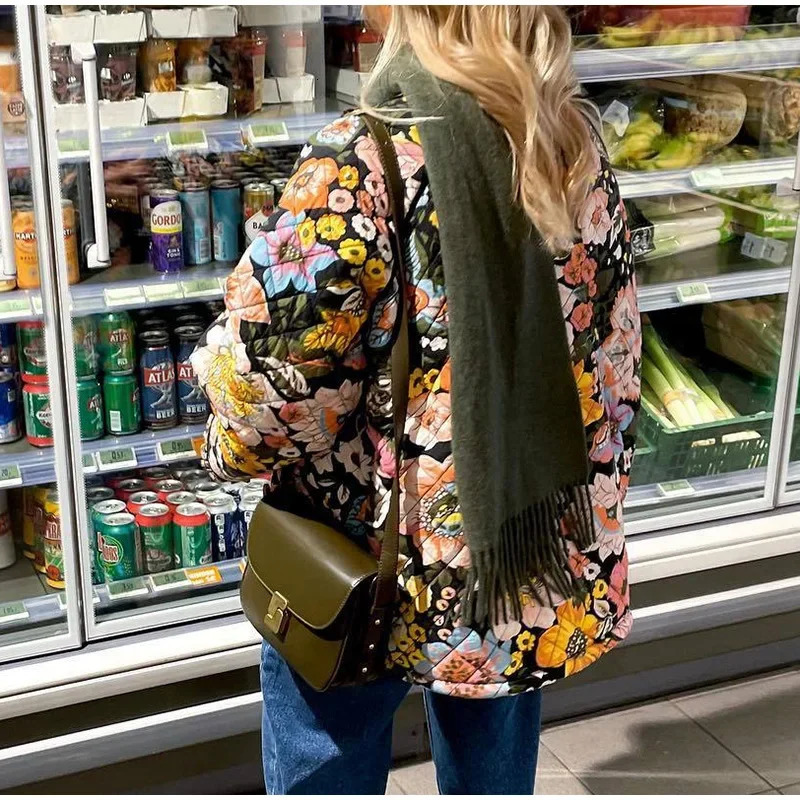 Vintage floral printed cotton coat womens wool thick warm long sleeved quilted jacket autumn and winter clothing 241010