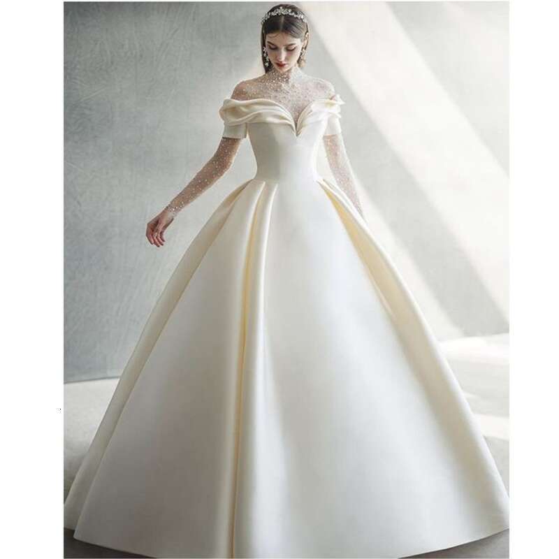 Fashion Ivory Pearls Wedding Elegant High Collar Draped Ball Gowns or Length Exquisite Sweep Train Bride Dress 2024