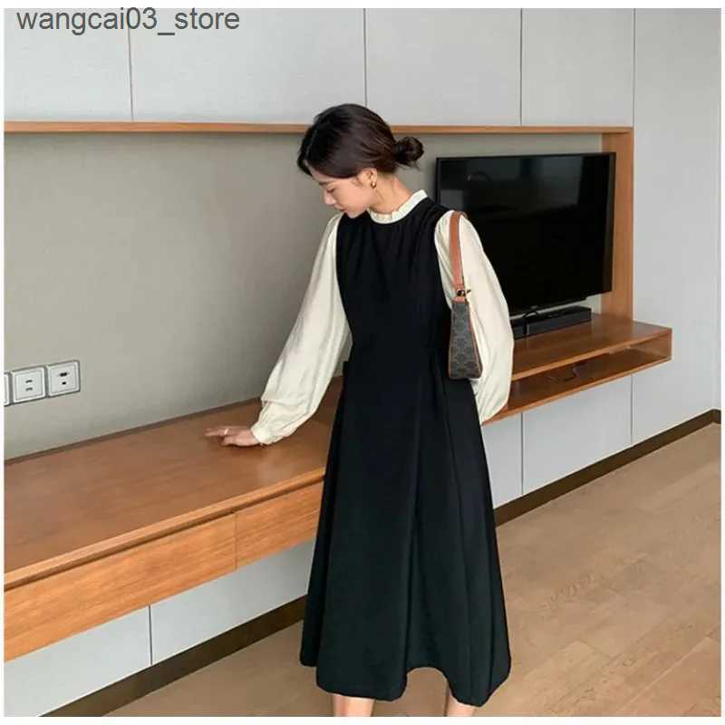 Maternity Dresses Maternity Stitching Fake Two-piece Clothes French Temperament Pregnancy Palace Sleeve Long-sleeved Dress 2024 Spring Autumn New L240