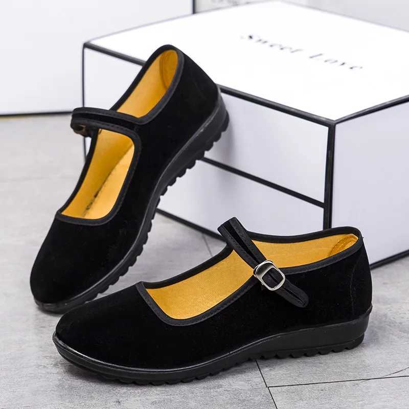 Womens Wedge Flat Shoes Spring New Fashionable Black Work Anti slip Rubber Sole Comfortable Belt Old Beijing Cloth Wedge Shoes Y241011