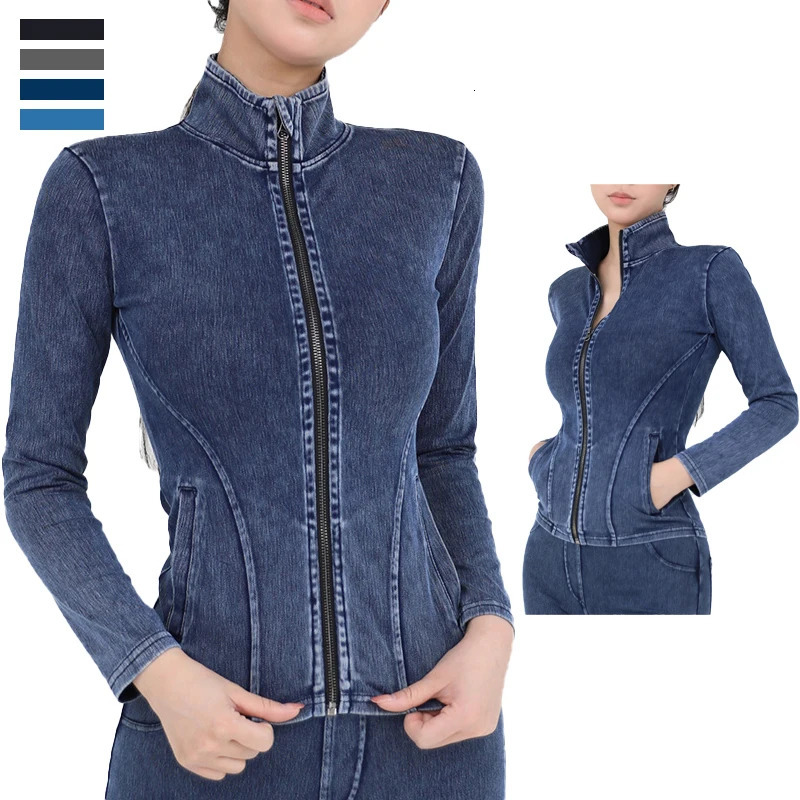 Womens yoga jacket elastic denim fitness sports and leisure full zipper gym top slim fit long sleeved womens sportswear 241010