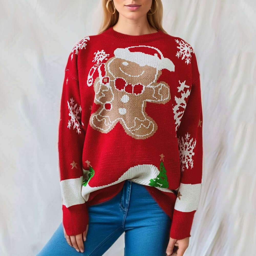 2024 TK Christmas main picture cute snowman pattern round neck long sleeved knitted pullover New Year sweater