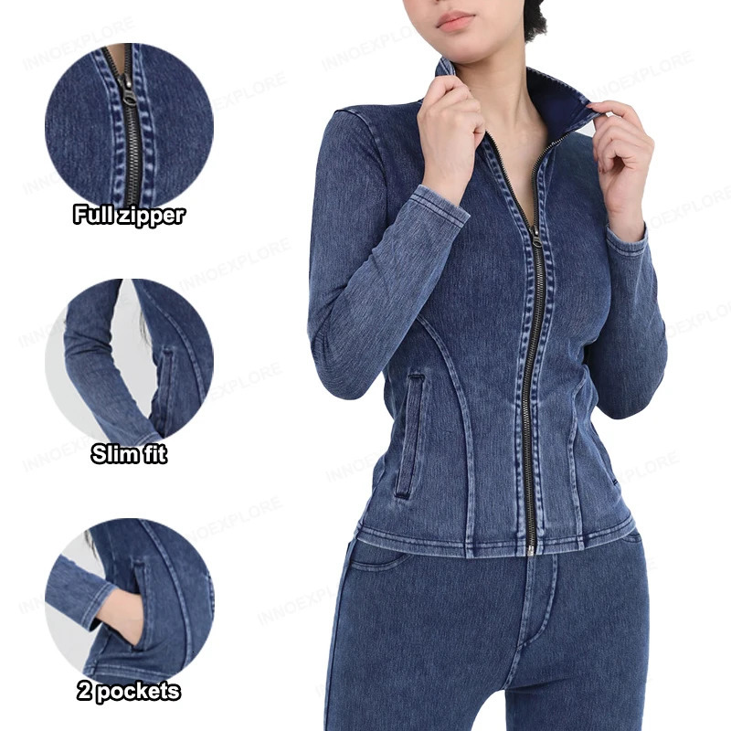 Womens yoga jacket elastic denim fitness sports and leisure full zipper gym top slim fit long sleeved womens sportswear 241010