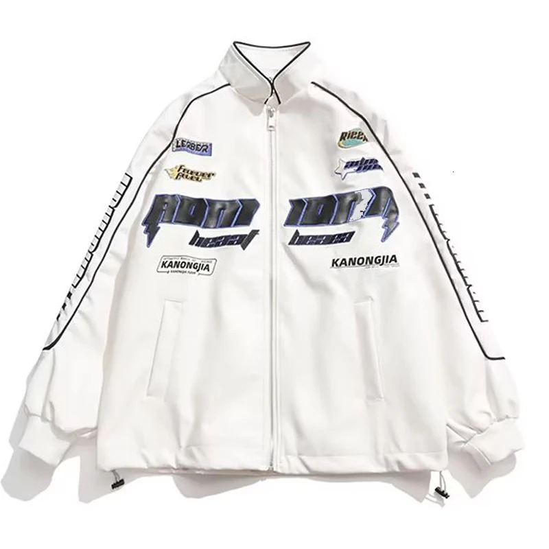 Embroidery leather jacket mens racing patch work street autumn ultra-fine Y2k PU baseball jacket retro couple jacket 241011