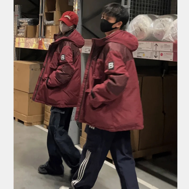 Womens down jacket black winter Korean fashion Y2K style stand up collar chic warm red womens jacket cotton jacket 241009