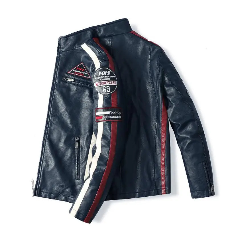 Mens ultra-fine PU motorcycle jacket fashionable leather jacket plush contrasting color ed pilot jacket autumn and winter 240927