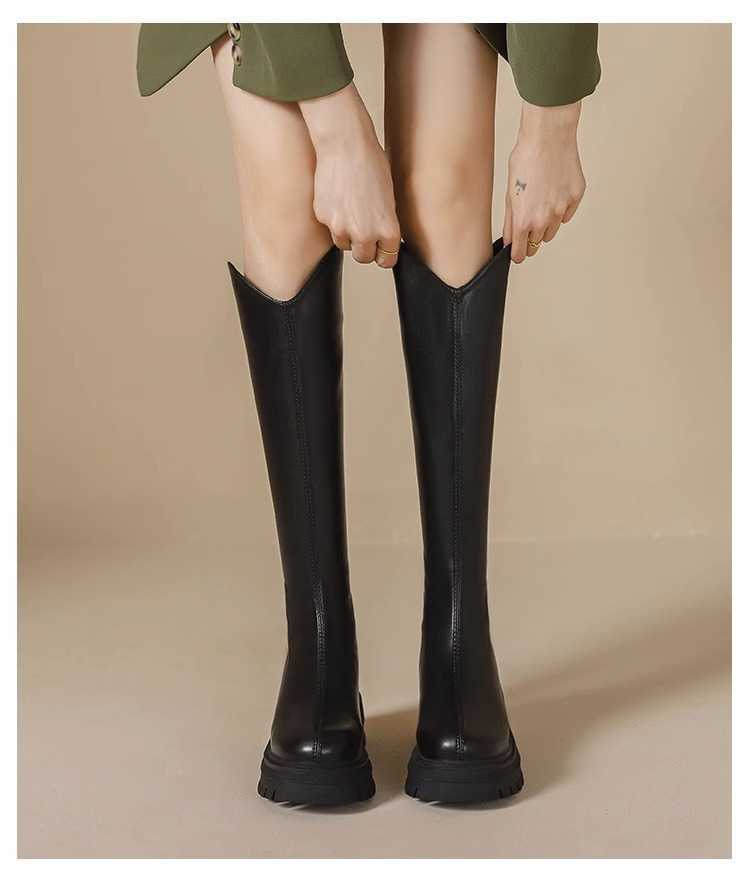 Skinny Martin Boots For Women Autumn Winter Slim Fit Thick Heel Fashion Boots Thick Sole The Knee Simple Design Trendy Knight Boots 240826