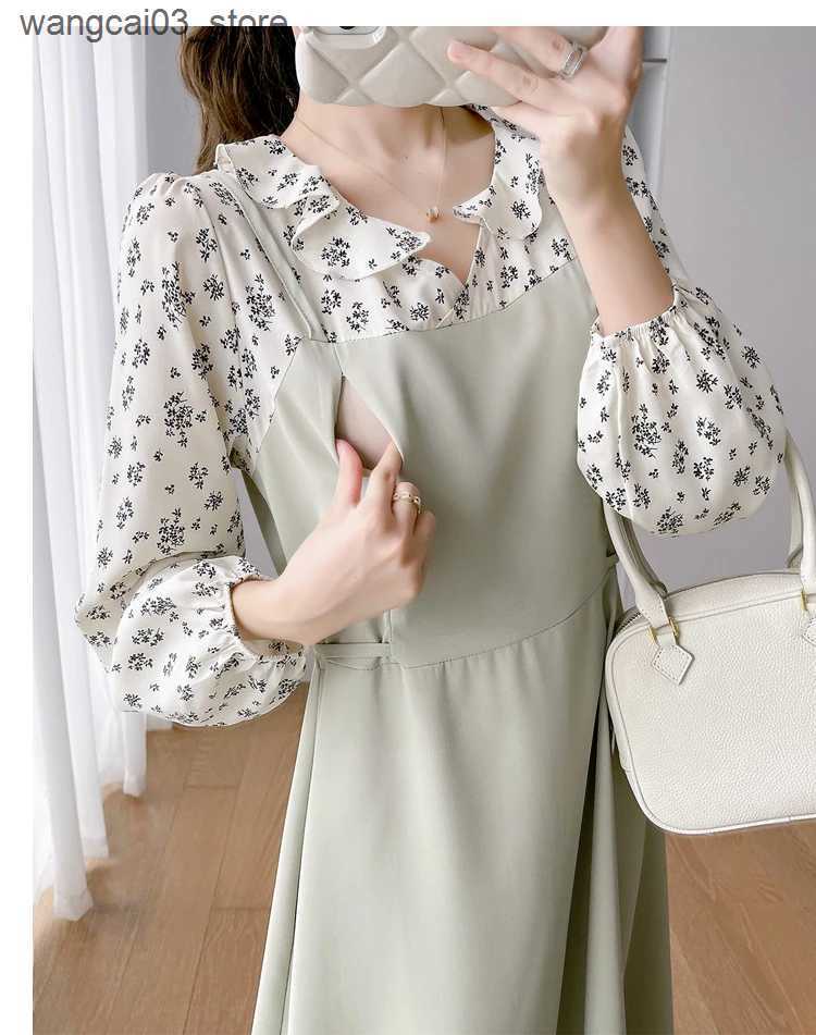 Maternity Dresses Postpartum Woman Lactation Dress Spring Autumn Floral Long Sleeve Patchwork Maternity Nursing Dress Chiffon Breastfeeding Dress L240