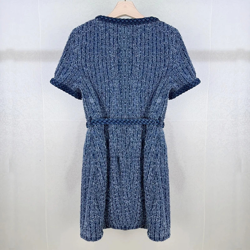 Autumn Coarse Knitted Womens Mini Dress Square Collor Short Sleeve Womens Party Dress with Belt and Pocket 241010