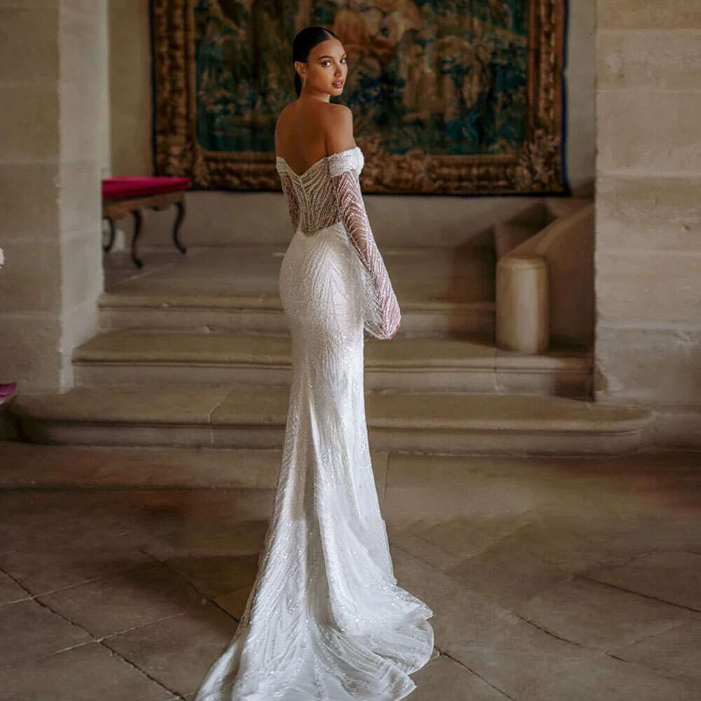 Mermaid Wedding Dresses Side Split Detachable Train Bridal Gown Custom Made Off Shoulder Long Sleeves Vestido De Novia