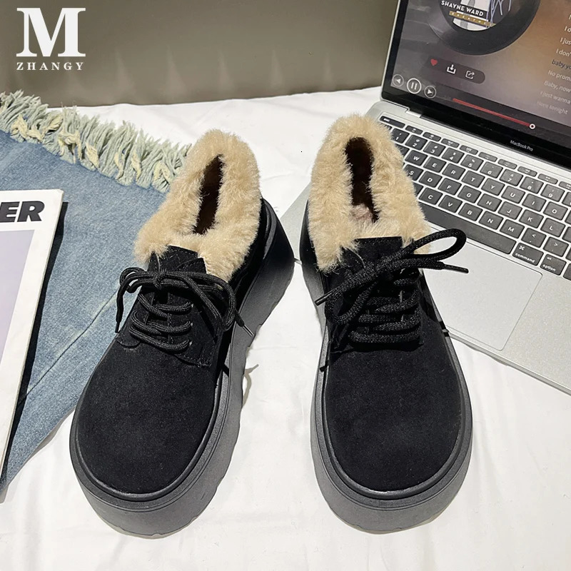 Fur platform womens snow collar boots suede mid boots cotton Mary Jens shoes 2025 trend lace short plush winter Botas De Mujer 241007