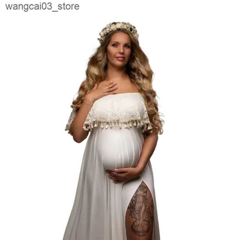 Maternity Dresses One Line Neckline Tassel Pregnant Woman Photography Dress Milk Silk Floor Mopping Pregnant Woman Photo Taking Long Dress L240910