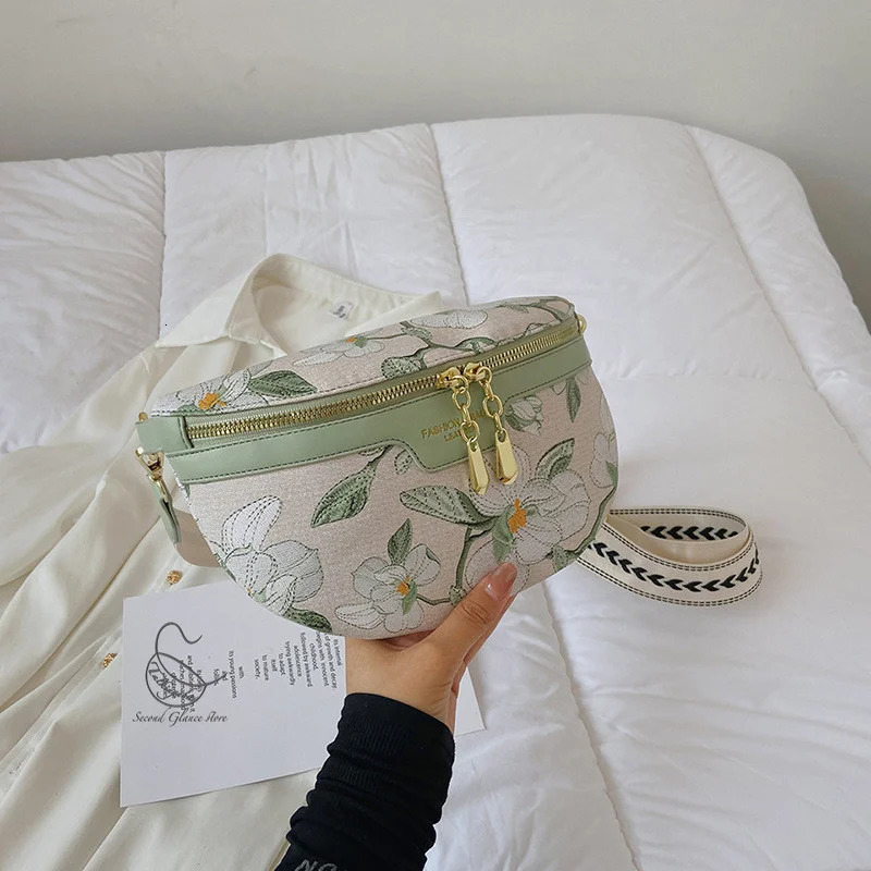 Elegant printed PU leather waist bag womens zipper waist bag womens Fanny bag wide shoulder strap cross body chest bag 241008