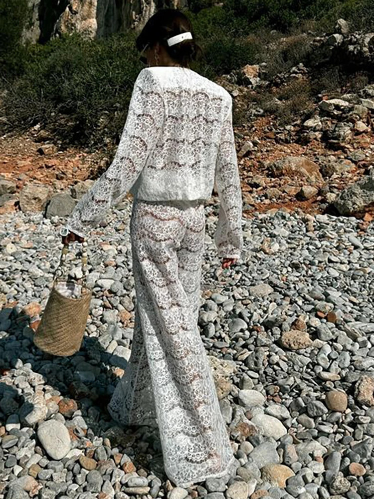 sexy deep See Through Lace Two Piece Sets womens long sleeved pants autumn solid cologant set