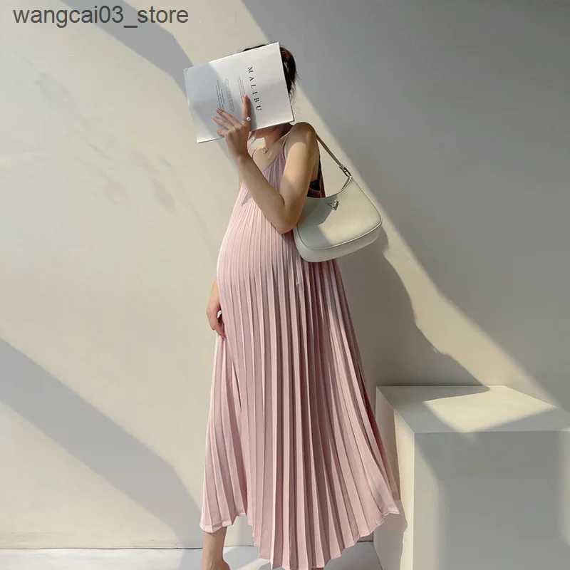 Maternity Dresses Maternity Dresses Chiffon Pleated Long Pregnancy Dress Casual Loose Maternity Clothes For Pregnant Women Fashion 2024 Plus Size L240