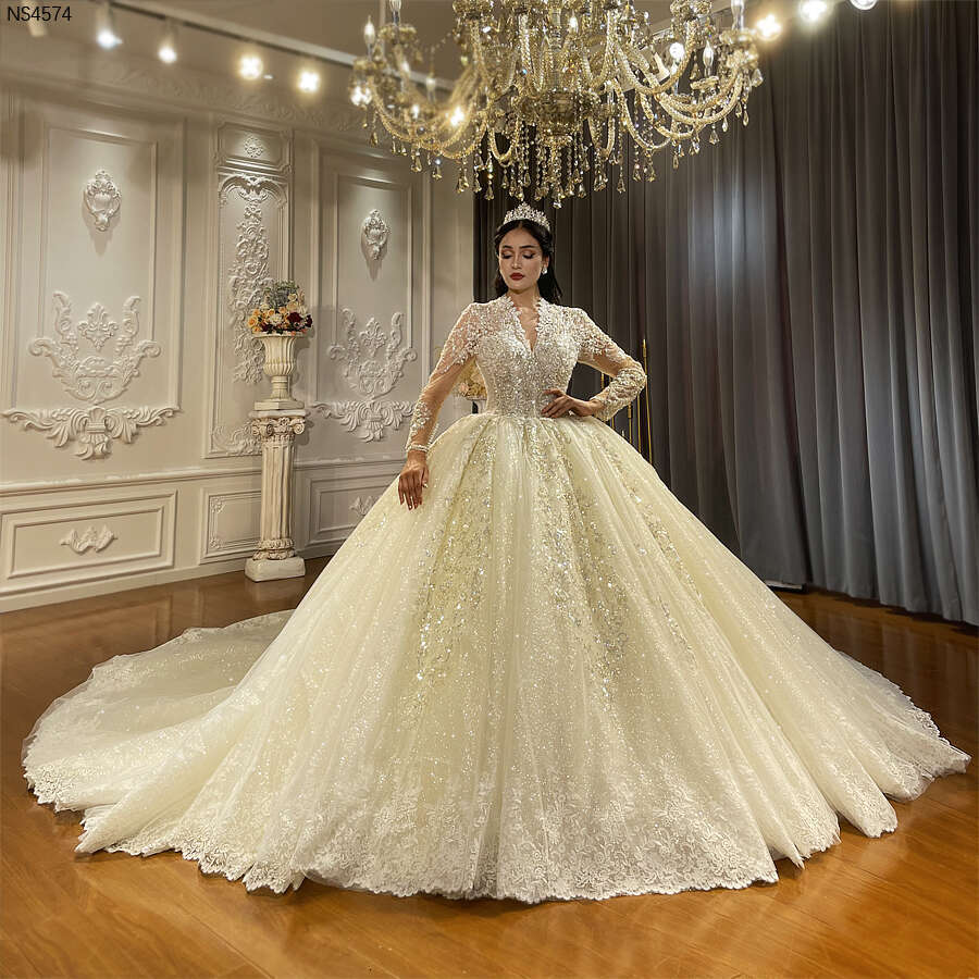 Champagne Color Wedding Dress With V-necke