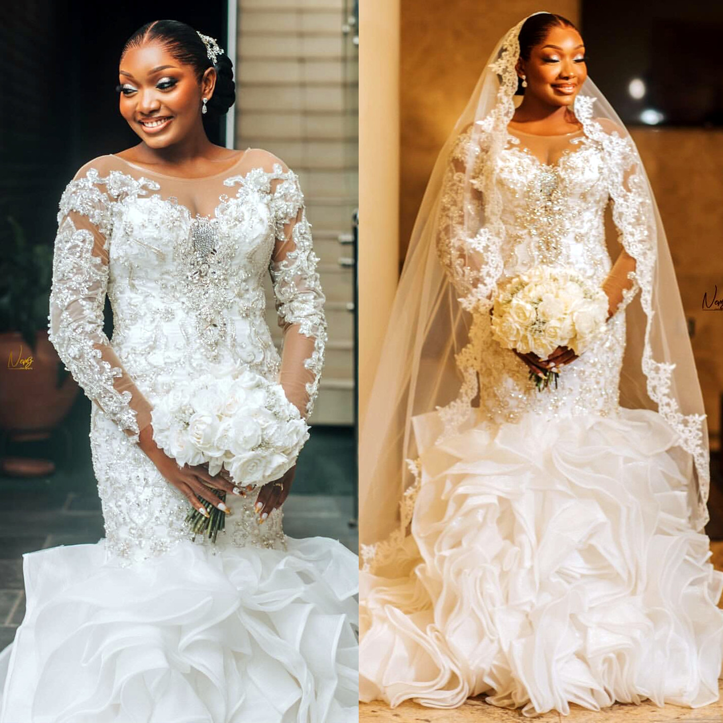 2024 Arabic Aso Ebi Plus Size Ivory Mermaid Wedding Dresses Lace Rhinestones Tiers Organza Vintage Elegant Bridal Gowns Dress ZJ64