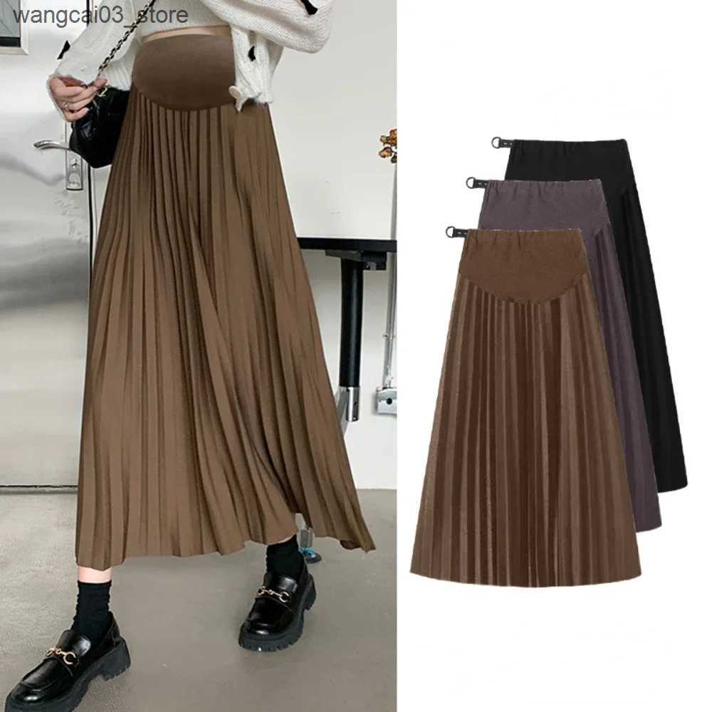 Maternity Dresses 2023 Autumn Winter Pleated Thick Warm Maternity Skirts Elastic Waist Belly Casual Clothes for Pregnant Women Pregnancy vestidos L240