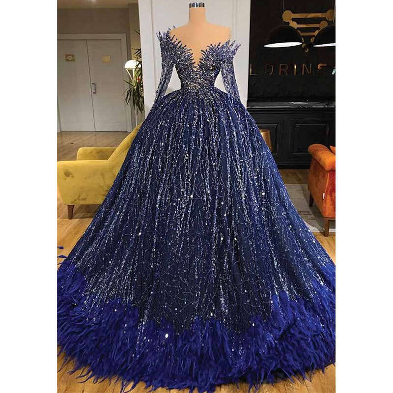 Gorgeous Deep V-Neck Prom Dresses Long Sleeves With Sparkly Beads Evening Ball Gown 2024 Custom Made Feather
