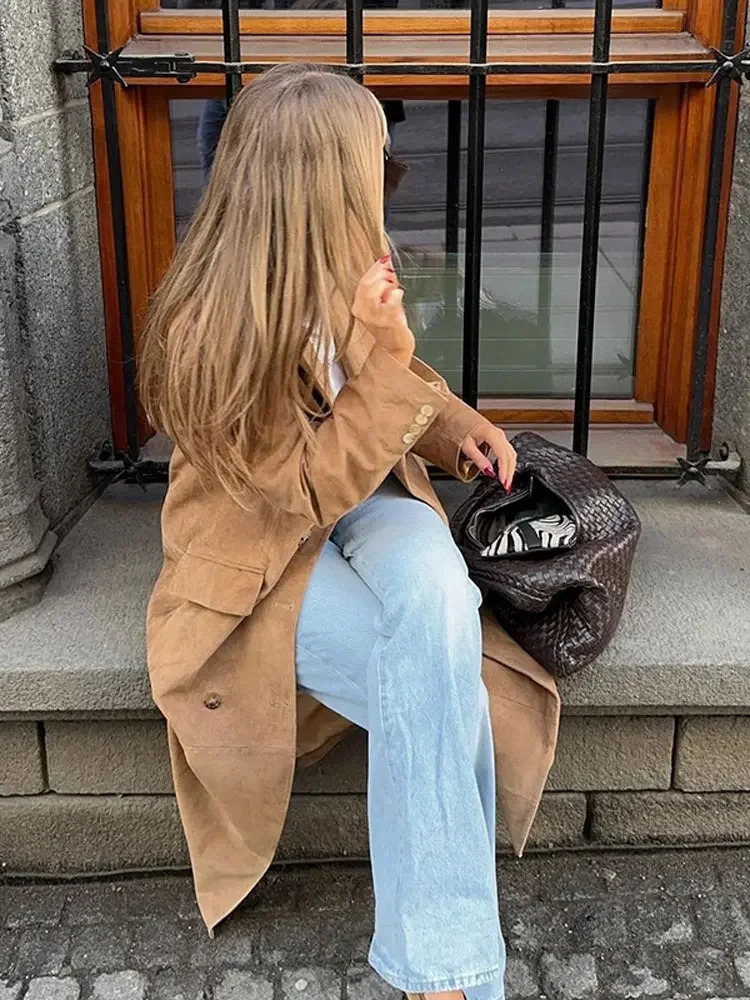 Fashion Khaki Lapel Long Windbreaker Jacket Elegant Casual Suede Leather Women Trench Coat Oversize Autumn Commute Street Outfit 240930