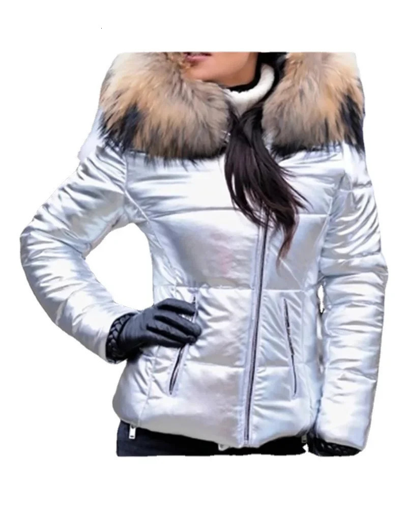 2023 Hood Solid Color Fur Hooded Jacket Autumn Winter Womens CottonPadded Down Short Parka Coat Fashion Casual 241009