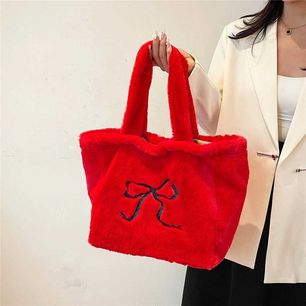 Ladies Plush Shoulder Bag Fuzzy Top Handle Large Capacity Slouchy Hobo Solid Color Fluffy Bow Handbag Daily Commuting 241011