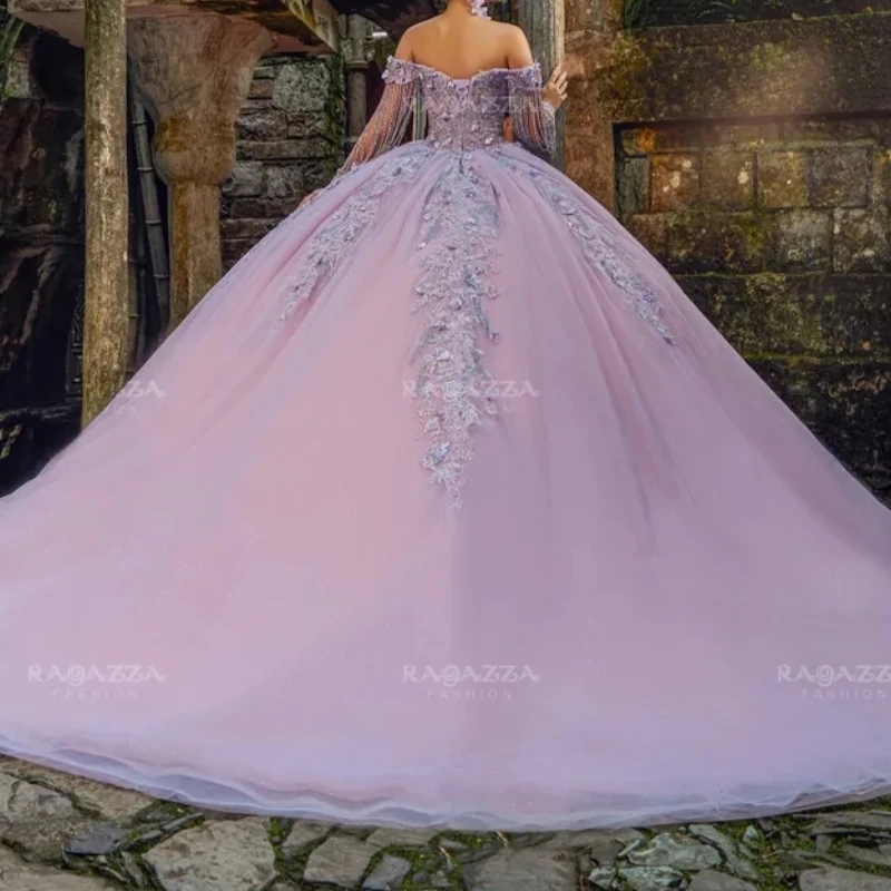 Sparkly Lilac Ball Gown Quinceanera Dresses Elegant Luxury 3D Floral Appliques Lace Beads Tull Party Birthday vestido 15 De Anos