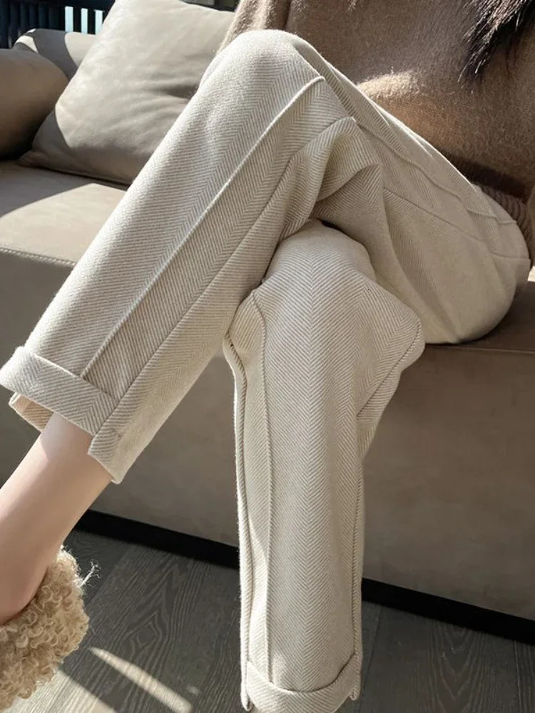 Highwaisted Tweed Straight Pants 2024 AutumnWinter Women S Loose Casual Herringbone Warm Thickened Cropped 241009
