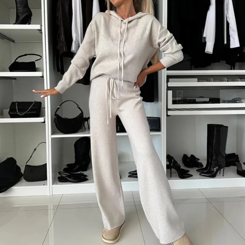 Winter Warm Womens Elegant Solid Color Lace Slimming Set Womens Long Sleeve Hooded TopPants Two Piece Set 240930