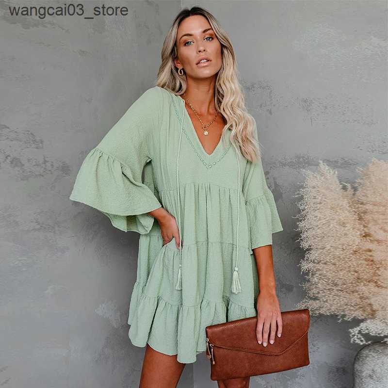 Maternity Dresses 2023 Pregnant Woman Summer Clothes Sweet Short Flare Sleeve V-neck High Waist Maternity Chiffon Dress Korean Style A-line L240910