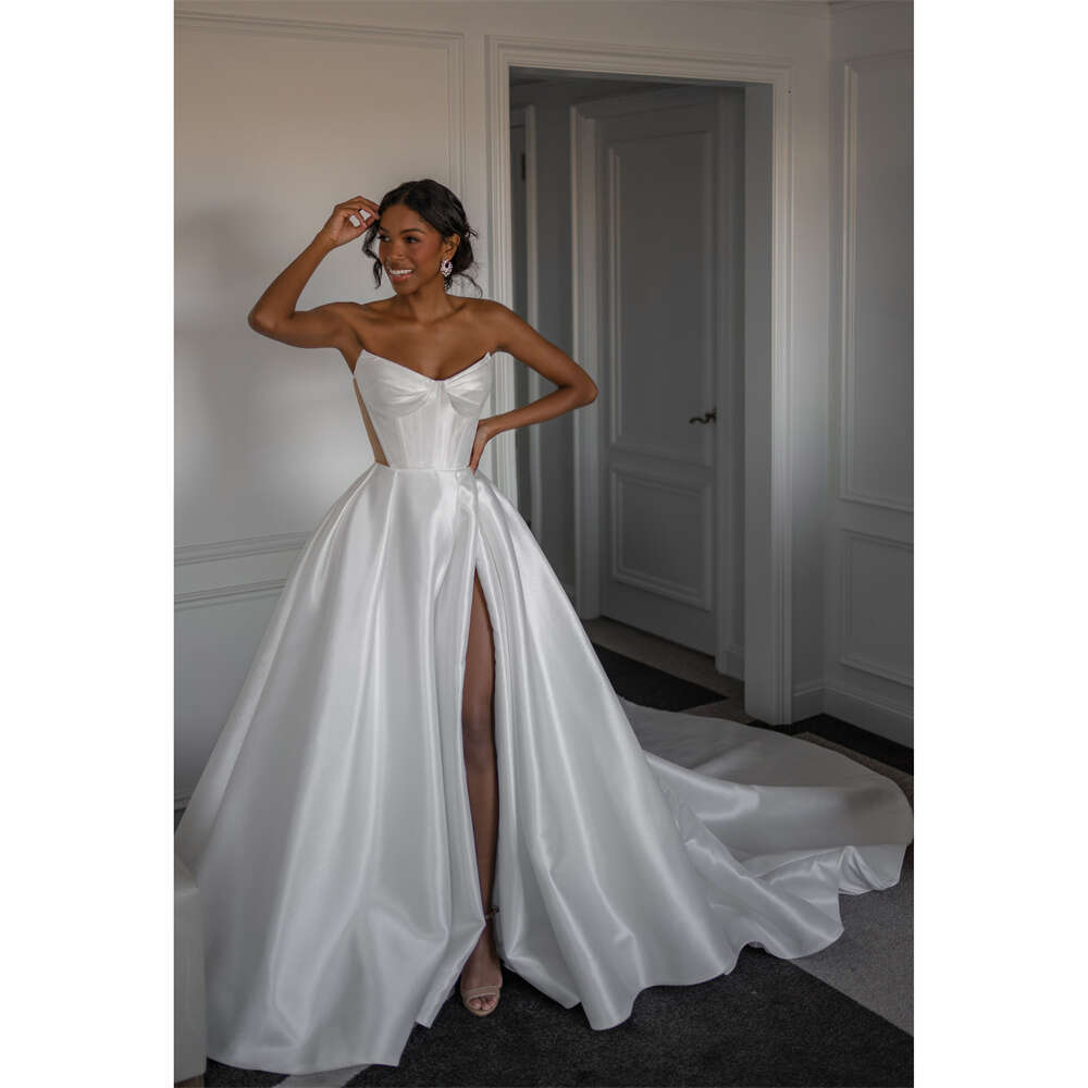 FIDDY898 Strapless Sleeveless Wedding Dresses High Quality Satin Fabric with Buttons Sweetheart Leg Split Bridal Dress C137